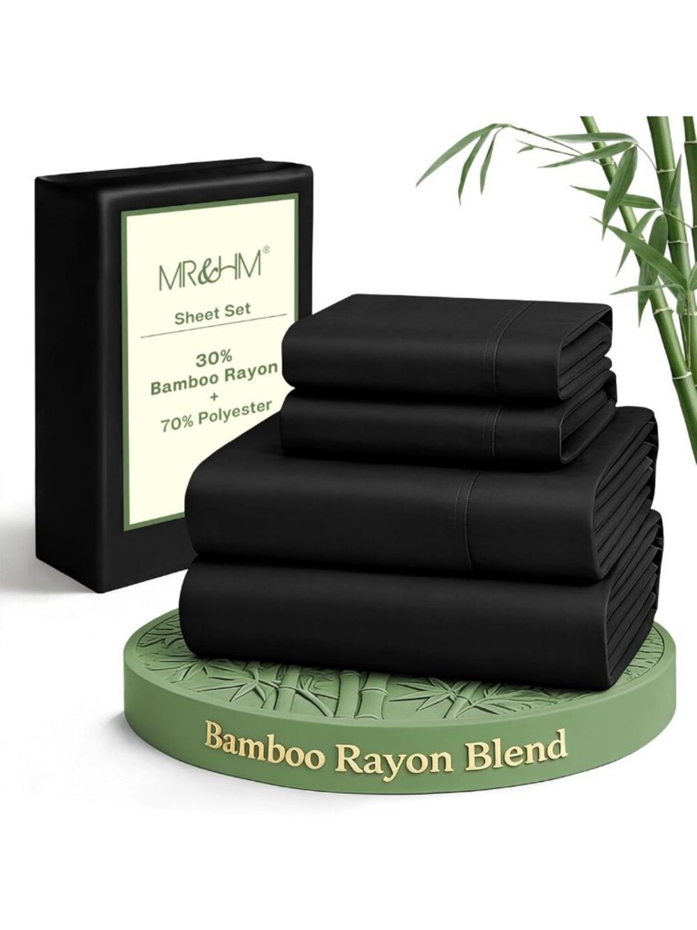 Luxurious King Size 4-Piece Sheet Set, Soft Rayon Bamboo Blend, Elegant Black